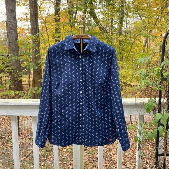 Talbots Navy Blue Anchor Print Button Up Blouse Top - Picture 1 of 6